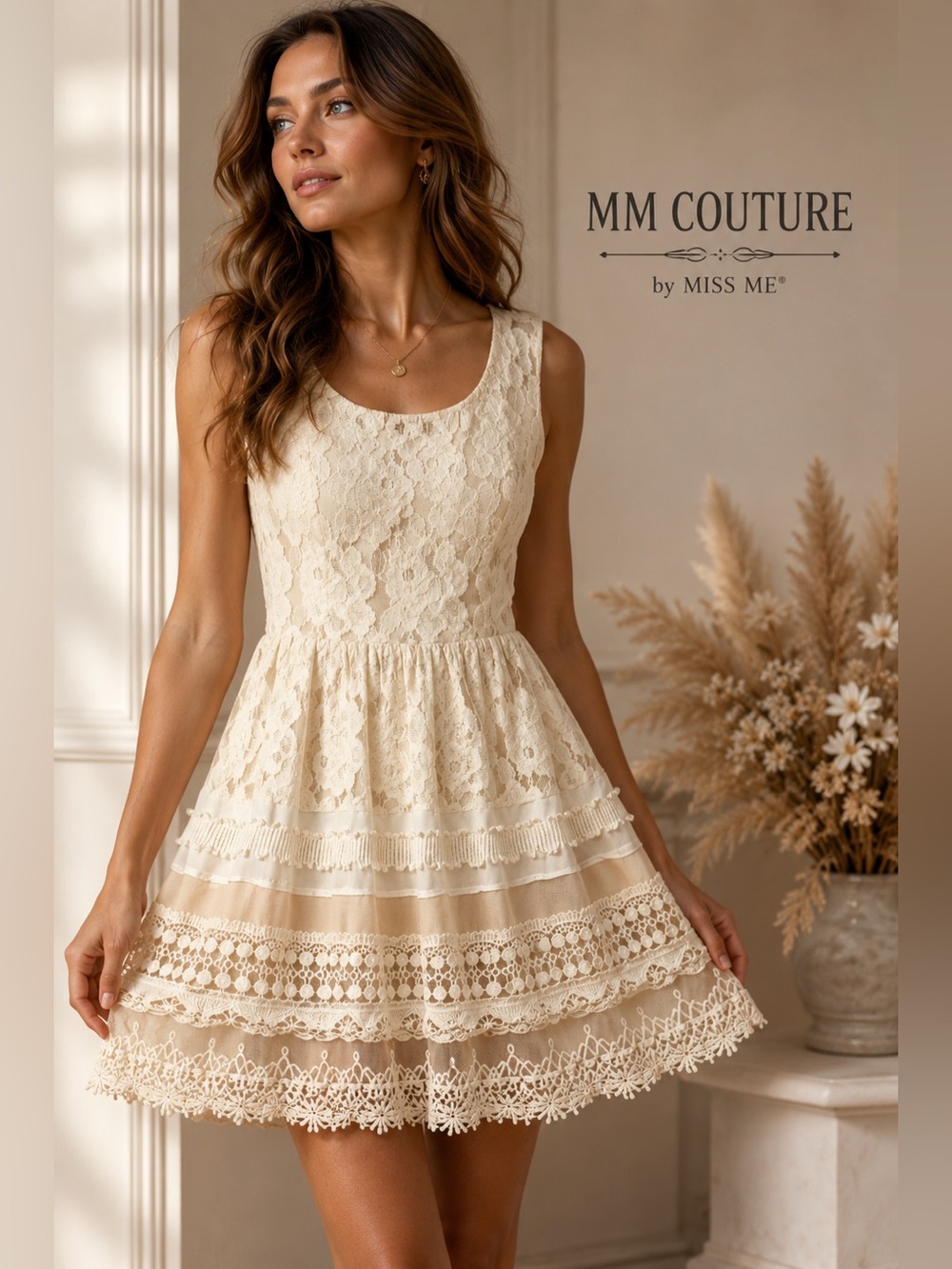 MM Couture by Miss Me Ivory Lace Fit & Flare Dress Silk Trim Small Western Boho